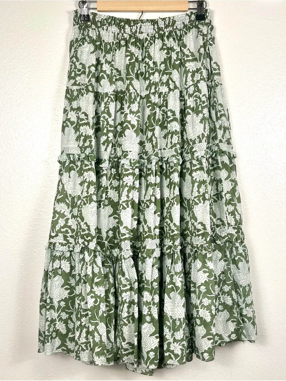 MAJE Size 42/Large Jitale Green Floral Block Print Ruffled Cotton Midi Skirt